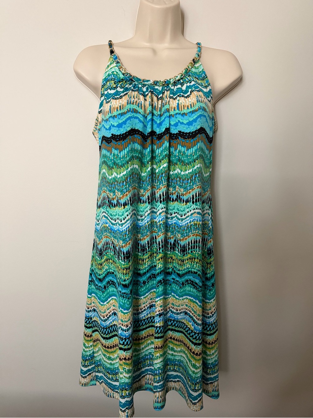 Sam and Jess Sleeveless Wave-Print w/ Gold Detail Dress in Teal/Aqua - Size S
